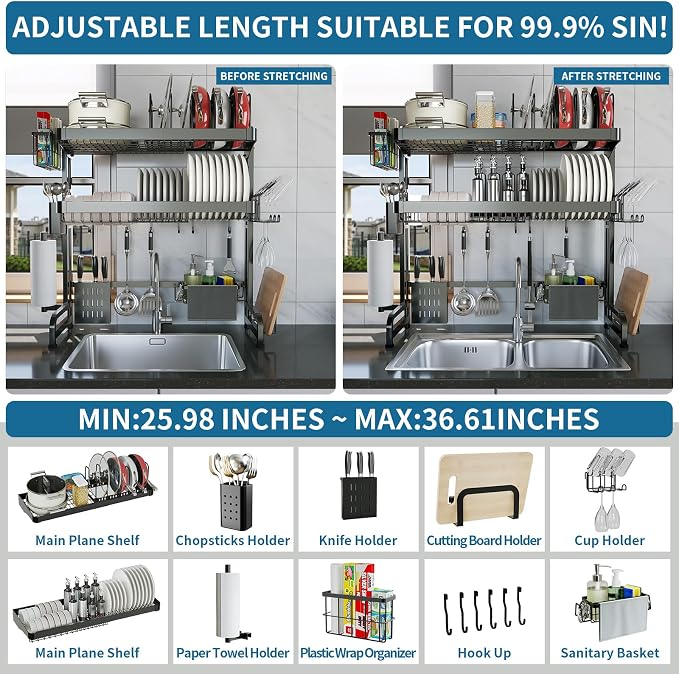 LIVOD Over The Sink Dish Drying Rack,3 Tier Adjustable Length Full Stainless Steel Large Storage Kitchen Dish Rack,for Kitchen Counter Expandable Multifunctional Organizers,Silver (25.5'' to 37.6'') - Image 6
