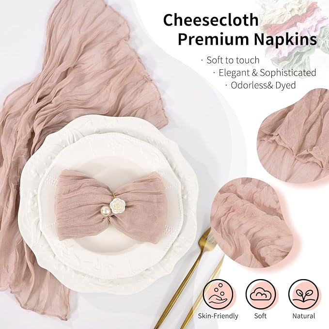 10 Pack Dusty Pink Cheesecloth Napkins 20"x20" Boho Washable Cloth Napkins Set of 10 Wrinkled Cheese Cloth Napkins Gauze Dinner Table Napkin for Wedding Party Baby Shower Birthday Decor - Image 3