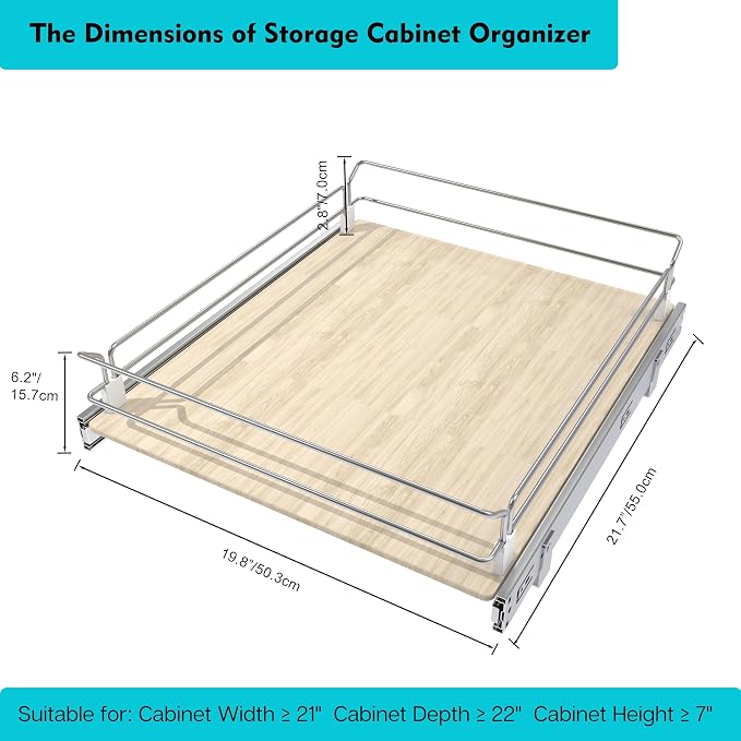 Pull Out Cabinet Organizer 19.08" W X 22" D, Wood & Chromed | Full Slide Out Drawers For Kitchen Cabinets, Cabinets Capacity Heavy Duty Caddy, Cabinet Pullout Shelves , Pantry Storage - Image 2