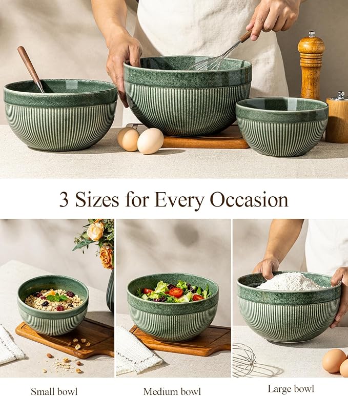 GBhome Ceramic Mixing Bowls Set of 3, Stoneware Nesting Serving Bowls, | 45/90/150 oz For Prep, Baking, Serving, Gift, Microwave and Dishwasher Safe, Ribbed Dishware Collection,Dark Green - Image 4