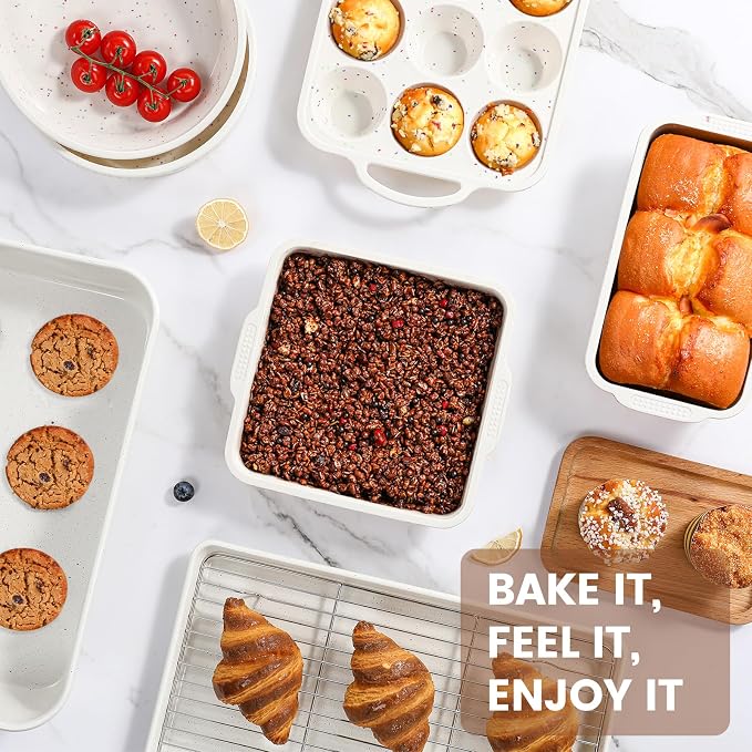 Vinino 8-Piece Baking Pans Set Nonstick, Bakeware Set includes Silicone Muffin, Loaf, Cake Pans with Metal Reinforced Frame, and Carbon Steel Roasting Pan, Cookie Sheet, Cooling rack for Oven-Cream - Image 3