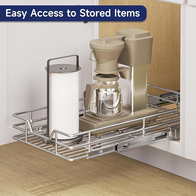 Pull Out Cabinet Organizer, 11.5" W x 21.5" D, Heavy Duty Chrome Slide Out Shelf for Narrow Base Cabinets, Sliding Wire Basket Drawer for Spices, Bottles, Snacks & Cleaning Supplies - Image 6