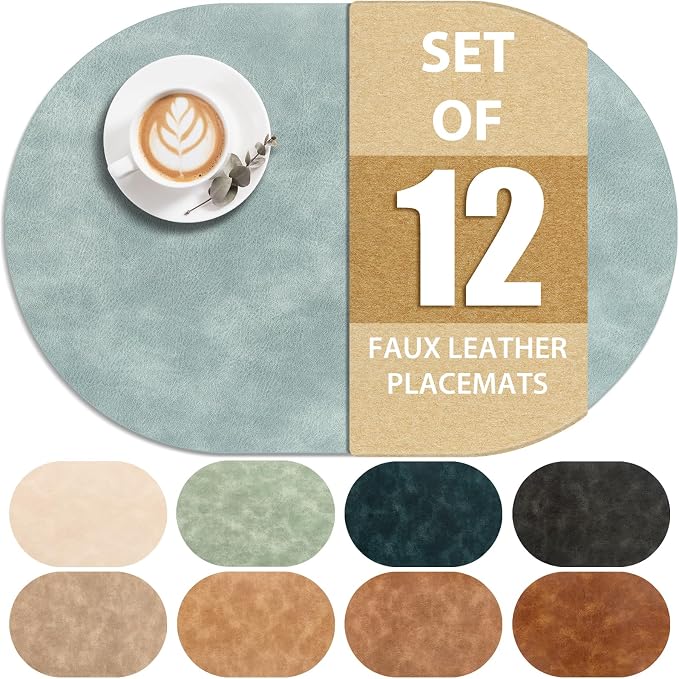 ADRIMER Placemats, Heat Resistant Oval Placemats Set of 12 Washable 12 x 17 Inch, Waterproof Table Mats, Wipeable Pu Place Mats for Kitchen, Dining Room, Light Blue by Adrimersdreamistobeanindispensablecompanioninyourlife
