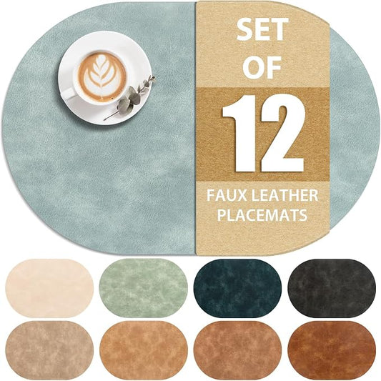 ADRIMER Placemats, Heat Resistant Oval Placemats Set of 12 Washable 12 x 17 Inch, Waterproof Table Mats, Wipeable Pu Place Mats for Kitchen, Dining Room, Light Blue by Adrimersdreamistobeanindispensablecompanioninyourlife