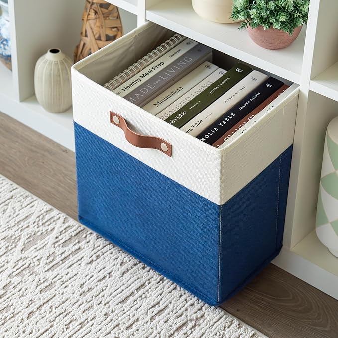 OrganiHaus 13x13 Cube Storage Bins, Set of 4 - Fabric Storage Cubes | Sturdy, holds its shape; odor-free; fits IKEA Kallax and Expedit; vegan leather handles - Image 5