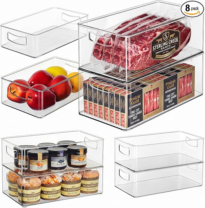 Hudgan 8 Pack Freezer Organizer Bins,Stackable,Clear Bins for Fridge,Pantry | Straight Side, 3 Sizes, 2 XL Storage Container, 3 Large Cabinet Organizer, 3 Medium Storage Drawer by HUDGAN