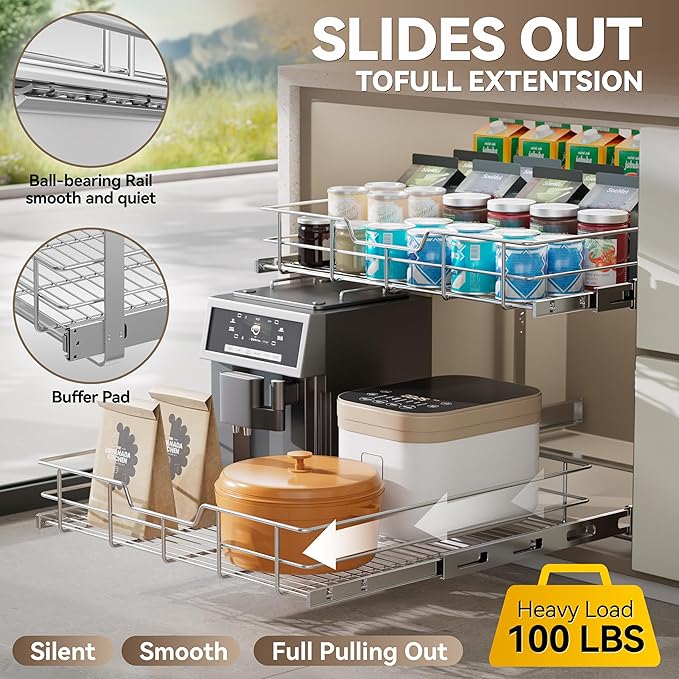 2 Tier Pull Out Cabinet Organizer 15" W X 17" D, Chromed, Full Slide Out | For Kitchen Organizers and Storage, Pull Out Drawers For Cabinets Capacity Heavy Duty Caddy, Cabinet Shelves, Bathroom Pantry - Image 3
