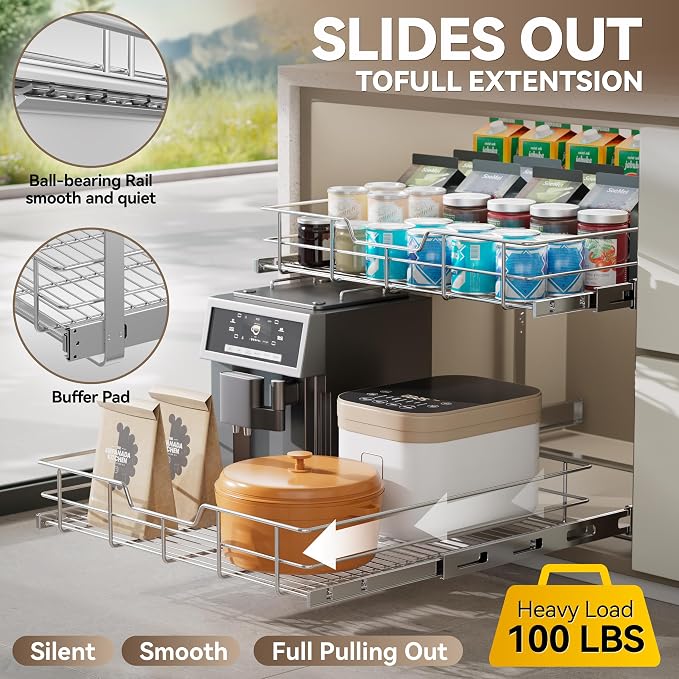 2 Tier Pull Out Cabinet Organizer 9" W X 22" D, Chromed, Full Slide Out | For Kitchen Organizers and Storage, Pull Out Drawers For Cabinets Capacity Heavy Duty Caddy, Cabinet Shelves, Bathroom Pantry - Image 3