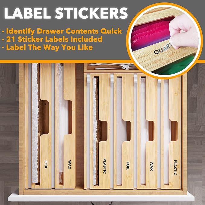 SpaceAid WrapNeat 4 in 1 Wrap Organizer with Cutter and Labels, Plastic Wrap, Aluminum Foil and Wax Bamboo Dispenser for Kitchen Storage Organization Holder for 12" Roll (Natural, 4-Slot) - Image 4