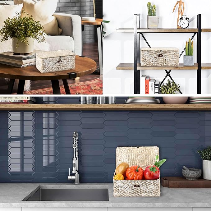 Hipiwe Wicker Shelf Baskets with Lid, X-Small Woven Seagrass Basket Bin | Rectangular Storage Baskets Household Basket Boxes for Shelf Home Organizer and Decor, Whitewash - Image 6