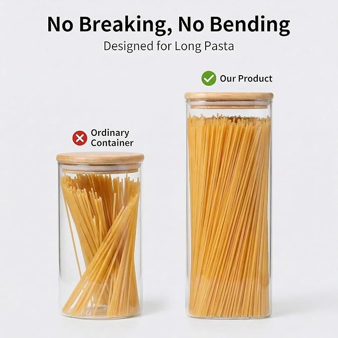 Pasta Storage Containers 3 Pack, 78oz Square Airtight Glass Spaghetti Container with Bamboo Lids, Tall Glass Pasta Storage Jar for Pantry Organization Spaghetti Linguine Fettuccine Cereal - Image 3