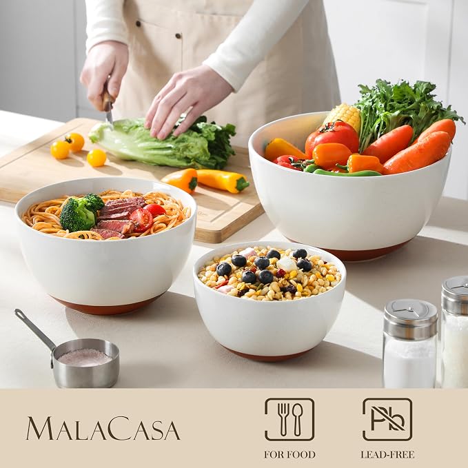 MALACASA Ceramic Mixing Bowls, Large Serving Bowls for Mixing, Cooking, Prepping, Baking, Salad, Soup, Pasta, Nesting Bowls Set of 3, 46/80/140 Oz, Oven, Microwave and Dishwasher Safe, Series TARA - Image 2