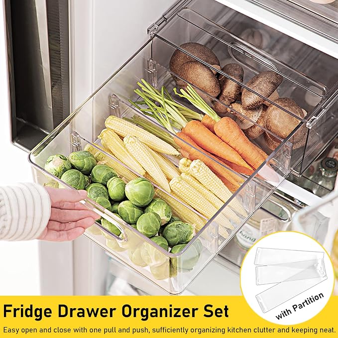 2 Pack Refrigerator Organizer Bins Stackable Fridge Organizer Set with Pull-out Drawer Clear Vegetable Fruit Storage Containers for Kitchen Pantry Organization - Image 4