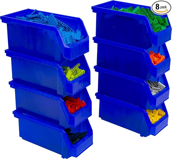 Medium Stackable Plastic Storage Bins, 8-Pack, Blue | Open-Front Stackable Bins For Garage, Pantry, Closet & Office, 11"L X 5,5"W X 5"H, Nests When Empty, Durable Plastic, by Akro-Mils