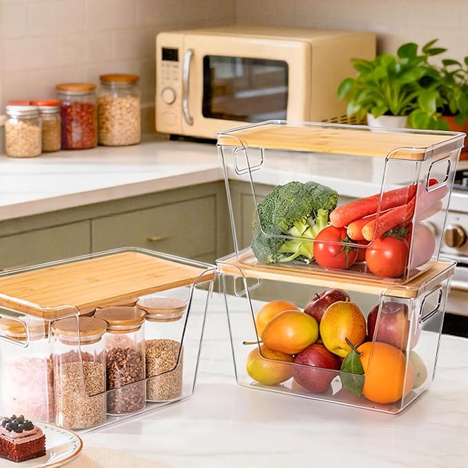 3 Set Pantry Organizers and Storage with Bamboo Lids, Stackable Clear Bins for Onion, Potato, Fruit, Vegetables, Trash Bag Dispenser, Kitchen and Under Sink Organizer - Image 2