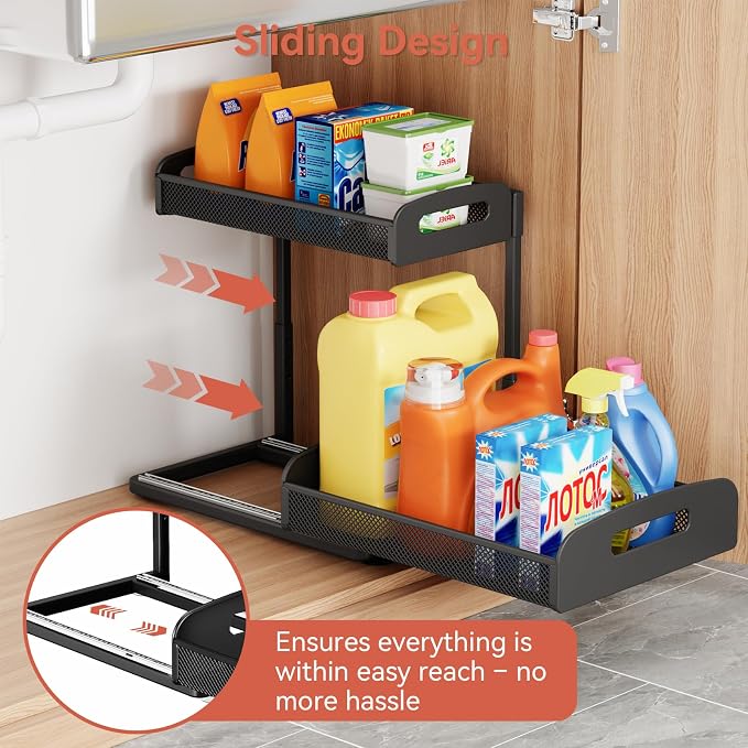 2 Pack Under Sink Organizer, 2 Tier Height Adjustable Kitchen Cabinet Organizer, Pull Out Metal Cabinet Shelf Organizer, Under the Sink Organizers and Storage for Kitchen & Bathroom, Black - Image 2