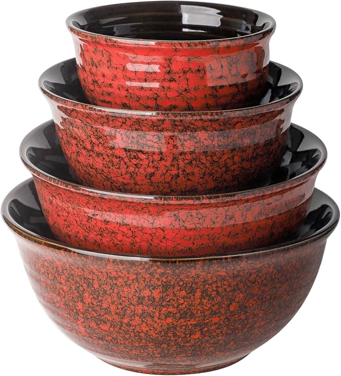 HASENSE Mixing Bowls, 2.1/1.5/1.0/0.5 Qt, Nesting Bowls for Cooking, Baking, Ceramic Serving Dishes Set of 4 for Salad, Fruits, Popcorn, Thanksgiving Christmas Gift, Dishwasher & Microwave Safe, Red by Hasense