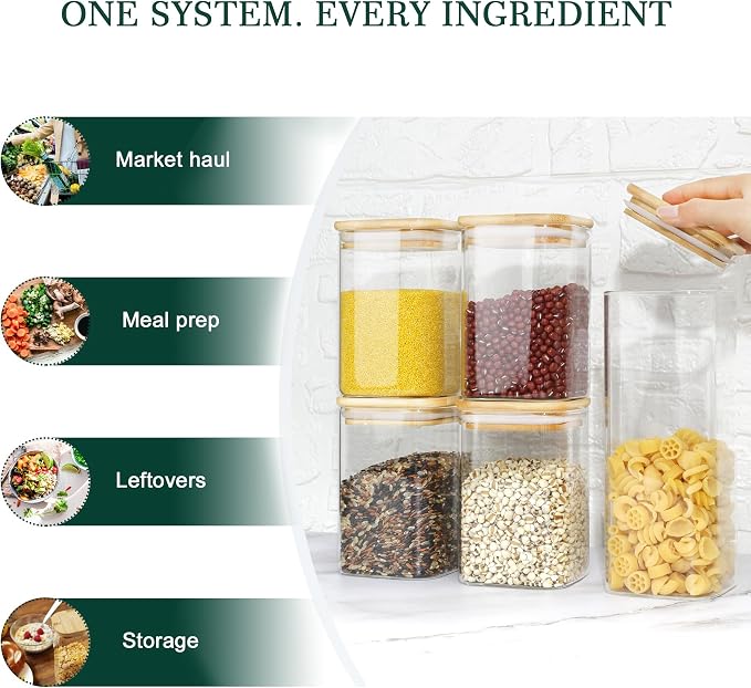 LIBWYS 12-Pack Square Glass Storage Jars with Bamboo Lids (0.6Qt/1.06Qt) - Stackable Food Containers for Pantry Organization, Coffee, Flour, Snacks, Tea | Kitchen Canisters Set | Stackable Dry Food Containers for Pantry Organization, Coffee, Flour, Sna... - Image 7