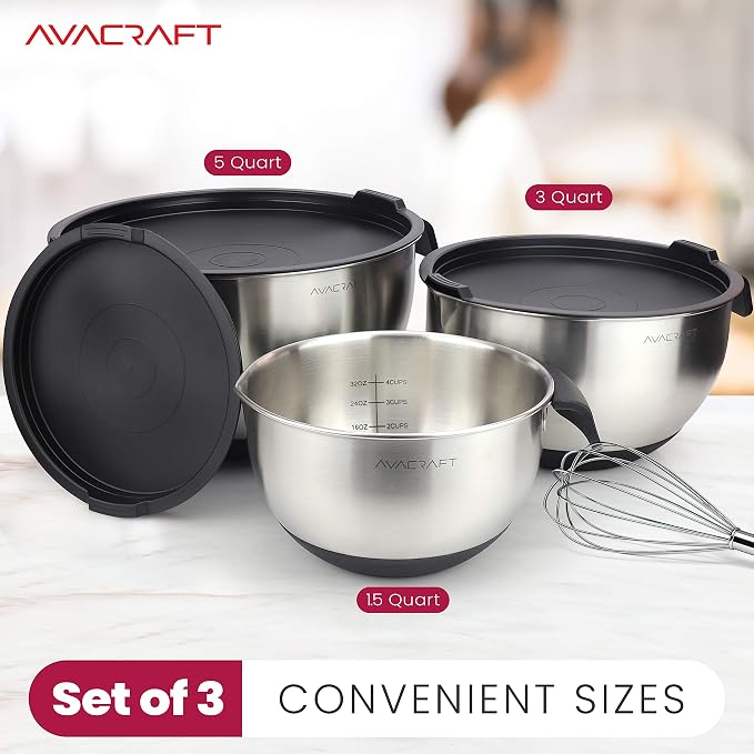 AVACRAFT 18/10 Stainless Steel Mixing Bowl Set with Lids, Black | Non-Slip Silicone Base, Ergonomic Handles, Pour Spouts, Interior Measurement Marks, Nesting Design, Dishwasher Safe - Image 2