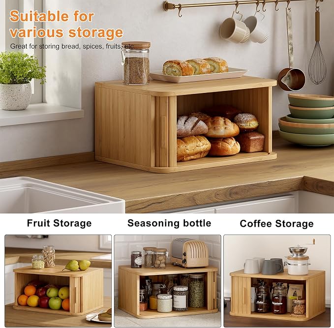 WOWLIVE Roll Top Bread Box for Kitchen Countertop, Bamboo Bread Storage | Airtight Bread Containers, Large Bread Bin with Sliding Door for Loaves, Bagels, Countertop Storage Cabinet, Natural, Medium - Image 5