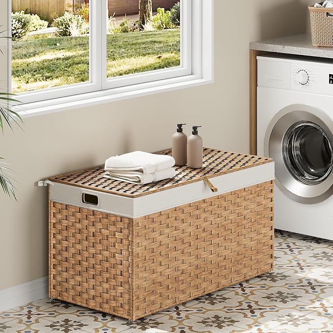 HOOBRO Storage Basket with Lid, 42.3 Gallon (160L) Wicker Basket, Handwoven Blanket Storage Basket with Handles, Metal Frame and Soft Lining, Foldable for Bedroom, Laundry Room, Natural NL216CW01 - Image 2
