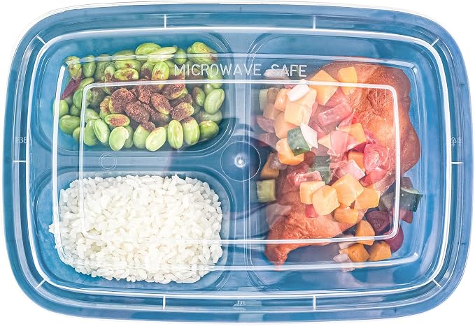 Asporto 26 Ounce Compartment Take Out Boxes, 100 Microwavable Meal Prep Containers - 3 Compartments, With Clear Plastic Lids, Midnight Blue Plastic Food Containers, Do Not Contain BPA - Restaurantware - Image 10
