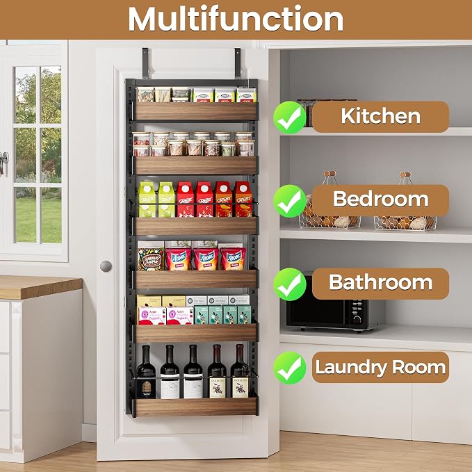 POKIPO 6 Tier Over The Door Pantry Organizer, 2-in-1 Door Hanging or Wall Mounted Spice Rack, Large Heavy Duty Pantry Door Storage Seasoning Shelves with Adjustable Basket for Kitchen Bathroom Closet - Image 6