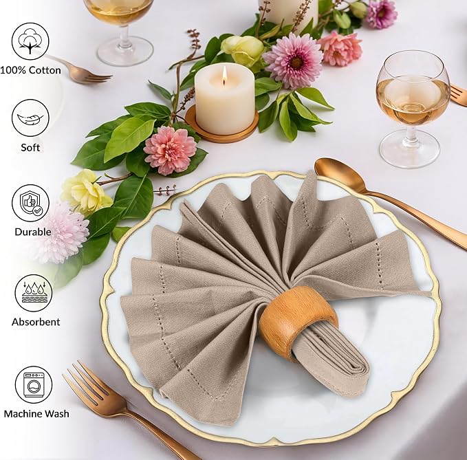 Ruvanti Cloth Napkins Set of 12, 100% Cotton High GSM 18x18 Inches, Hem Stitched Corners, Soft, Washable, Highly Durable & Absorbent, Perfect for Parties, Christmas, Thanksgiving Dinners – Light Taupe - Image 3