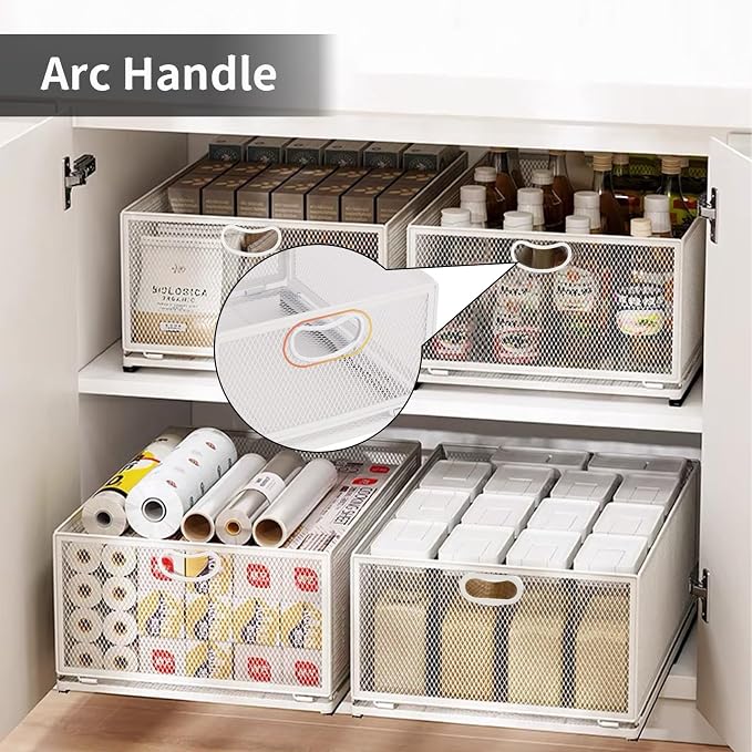 Sliding Cabinet Basket Organizer Drawer Self Adhesive Slide out Pantry Shelves Heavy Duty Carbon Steel Slide Cabinet Storage Basket with Handle for Bathroom Kitchen Home - Image 8