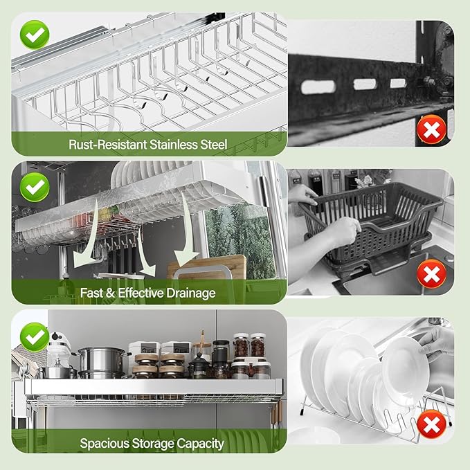 Over The Sink Dish Drainer Drying Rack 3 Tier, Full Stainless Steel Dish Drying Rack Adjustable Length 20.9''-37.4'', Kitchen Sink Shelf, Organized Space-Saving Dish Rack - Image 5