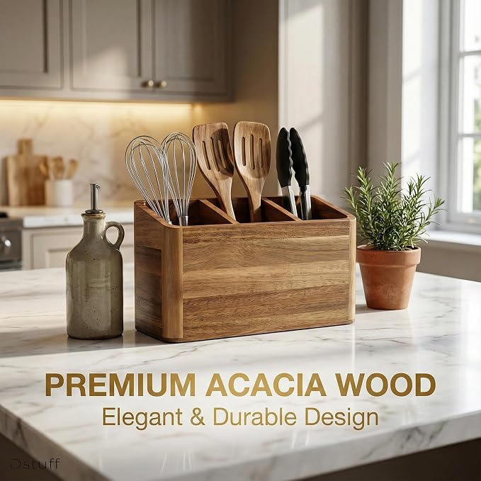 Dstuff Large Kitchen Utensil Holder Organizer for Counter or Countertop, Large Wooden Utensil Holder for Storage Cooking and Silverware with 3 Compartment, Acacia Rustic Wood Container Extra Large - Image 3