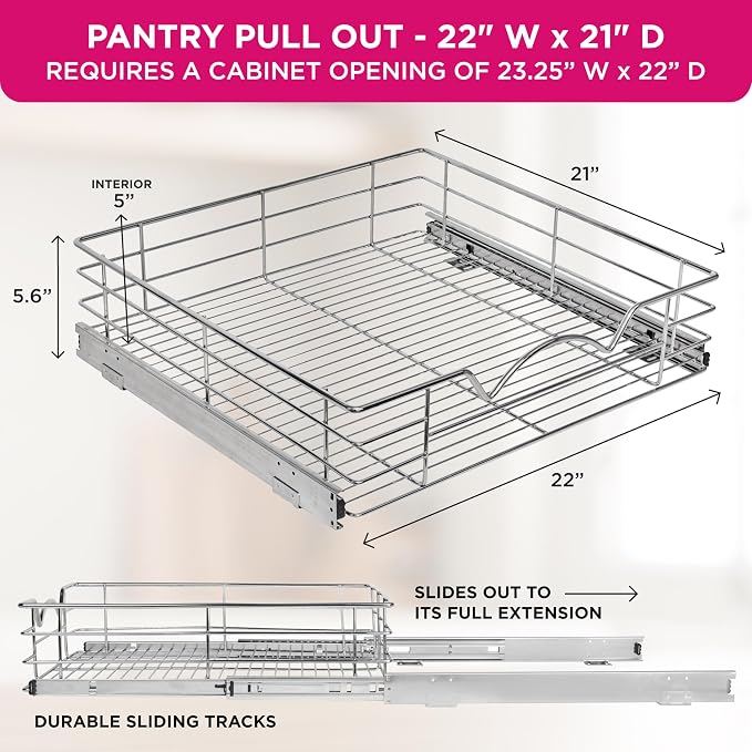 HOLDN’ STORAGE Pull Out Cabinet Organizer, Pantry Drawer, 22"W x 21"D x 5"H | Heavy-Duty Full-Extension, Roll Out Shelf for Pots, Pans & Under Sink Storage, Chrome, Require a 23.25"W Cabinet Opening - Image 3