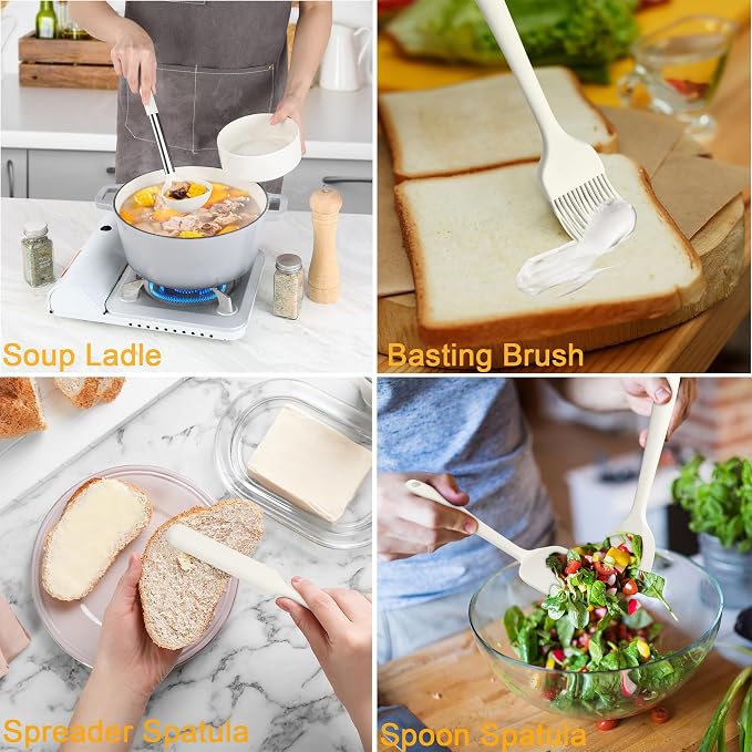 LIANYU 15 Pcs Cooking Kitchen Utensils Set with Stainless Steel Handle | Silicone Kitchen Gadgets with Holder, Heat Resistant Spatula Tools, Brush Spoon Tong Whisk Ladle Turner for Cookware, White - Image 6