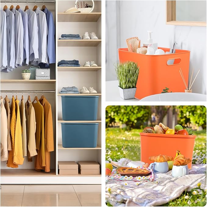8 Pieces Colorful Storage Bins with Lid, Plastic Storage Basket Organizing Container Stackable Box with Handle for Shelves Desktop Playroom Office(14.2 x 10.2 x 9.5 Inch,Blue and Orange) - Image 7