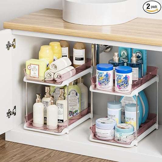 Delamu 2-Tier Multi-Purpose Bathroom Under Sink Organizers and Storage, Stackable Kitchen Pantry Organization, Pull Out Medicine Cabinet Organizer with Movable Dividers, Light Pink, 2 Pack by DELAMU