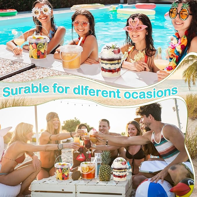 50 Pcs Bucket Cups Bulk Reusable Plastic Drink Buckets with Lids Dome Forks and Straws 32 oz Ice Cream Freezer Food Storage Containers for Popcorn Pail Outdoor Travel Beverage Party Picnic - Image 6