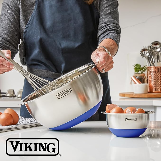 Viking Mixing Bowls Set, 10 Piece Stainless Steel Kitchen Cookware, Non-Slip Silicone Base, Includes Tight Fit Lids, Dishwasher Safe, Blue - Image 6
