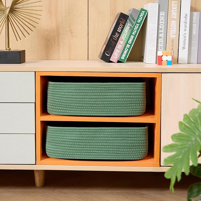 MiniArk Large Shallow Organizing Baskets 15x11x5.1 Inches - Rope Woven Storage Bins for Bathroom, Shelves, Cube Closet, Green 2 Packs - Image 4