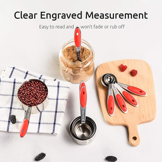 U-Taste 18/8 Stainless Steel Measuring Cups and Spoons Set and 600ºF High Heat-Resistant Kitchen Tong Set (Red) - Image 6