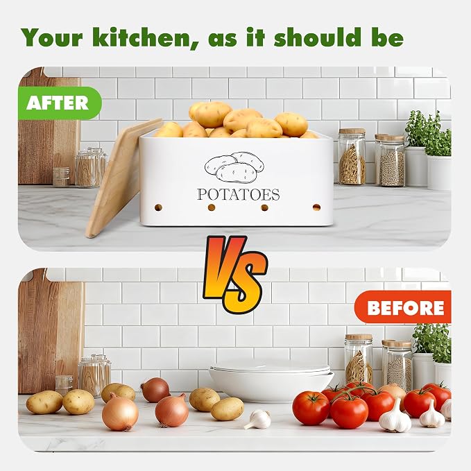 Kitchen Metal Vegetable Storage Bins,Metal Potato Onion Garlic Storage Set of 3 with Aerating Holes and Bamboo Lids,Farmhouse Canisters Sets for the Kitchen Countertop (1, Rectangular) - Image 6