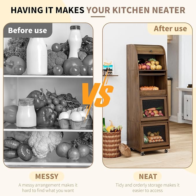 Movable Potato Storage Bins, Fruit Vegetable Basket, Kitchen Pantry Cabinet | Tall Large Potato and Onion Storage Bin, for Bread, Mid Century Modern, Wooden, with Sliding Door and Wheels, 4 Tier, Walnut - Image 3
