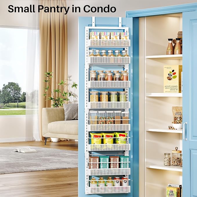 SNTD 8 Tiers Narrow Over the Door Organizer, 12.3"W x 4.7"D x 69"H, White | Pantry Door Organizers and Storage, Height Adjustable Spice Rack, Dense Mesh Baskets, Anti-Swing, Adjustable Door Fastener - Image 3