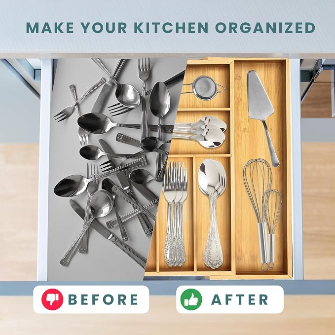 Sben Expandable Drawer Organizer for Utensils Holder, Adjustable Cutlery Tray, 6-8 Slots, Premium Wood Drawer Dividers Organizer for Silverware, Flatware, Knives for Kitchen (Bamboo) - Image 5