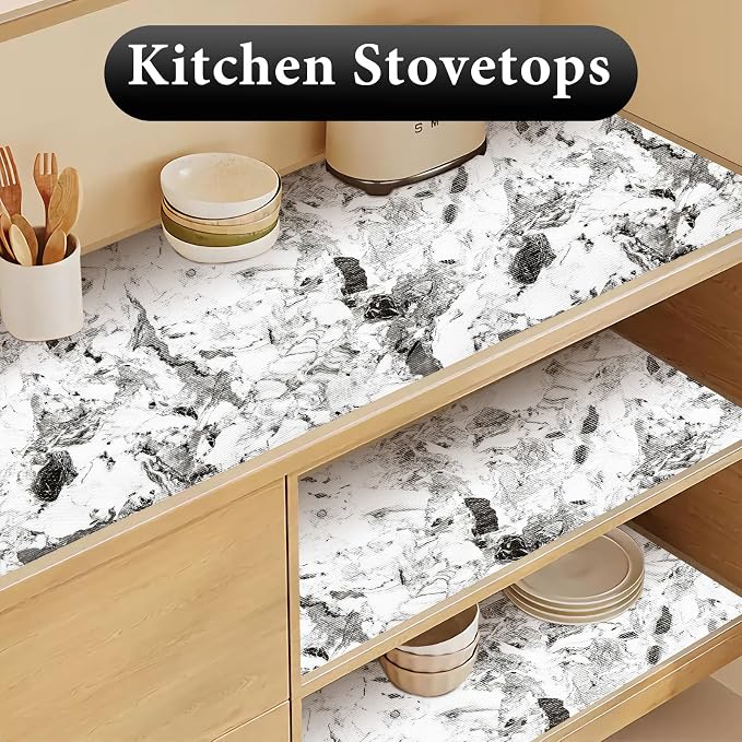 Drawer and Shelf Liner for Kitchen Cabinet: 12 in X 20 Ft Non Slip | Shelf Paper Non Adhesive Refrigerator Liners Grey and White Marble Easy Liners for Bathroom with Knife Tape Measure - Image 7