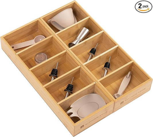 Utensil & Junk Drawer Organizer, Small, 2 Pack, Bamboo | 5-compartment design, 4 removable dividers, non-slip feet, sustainable bamboo by KitchenEdge