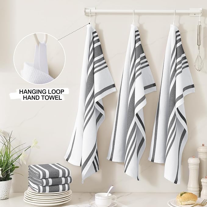 Homaxy Premium Cotton Stripe Kitchen Towels 12 Pack, 18"x 28", Black | Large 380 GSM Kitchen Hand Towels, Soft Terry Dish Towels, Highly Absorbent Tea Towel Set with Hanging Loop - Image 3