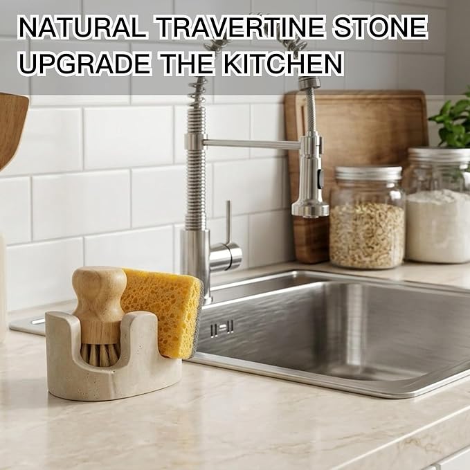 Travertine Sponge Holder for Kitchen Sink, 2-in-1 Sponge & Brush Holder, 2 Slot Natural Stone Sink Caddy for Countertop, Keeps Countertops Dry, Non-Slip Base, Elegant Kitchen Decor, Beige - Image 4