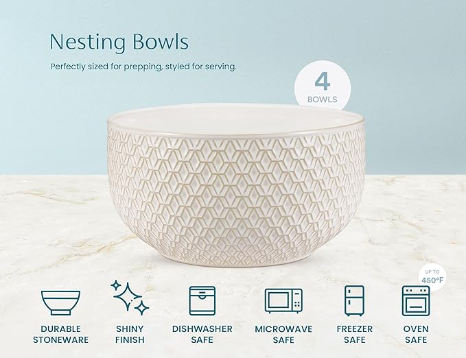 KooK Ceramic Mixing Bowls, Nesting Set of 4, Embossed Kitchen Dishware, Prep, Serving, Gift, Microwave and Dishwasher Safe, 20/44/98/145 oz, Narbonne Collection (Ivory) - Image 6