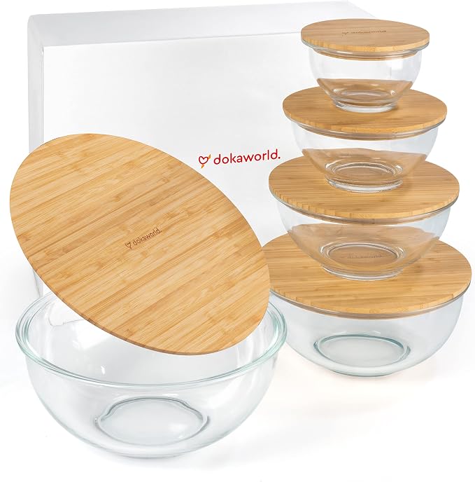 Stackable Space-Saving Set of 5 Nesting Glass Bowls with Bamboo Lids for Foodprep, Storage, Baking, Mixing & Cooking, Microwave & Oven Safe BPA Free Heat Resistant Inert Borosilicate Glass - Image 9
