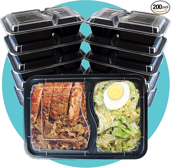 Triplast 200 x Meal Prep Containers (2 Compartment, 32oz) - Microwave, Freezer & Dishwasher Safe – BPA Free, Reusable, Leakproof & Stackable Food Storage Bento Lunch Boxes for Home, Office & School by Triplast
